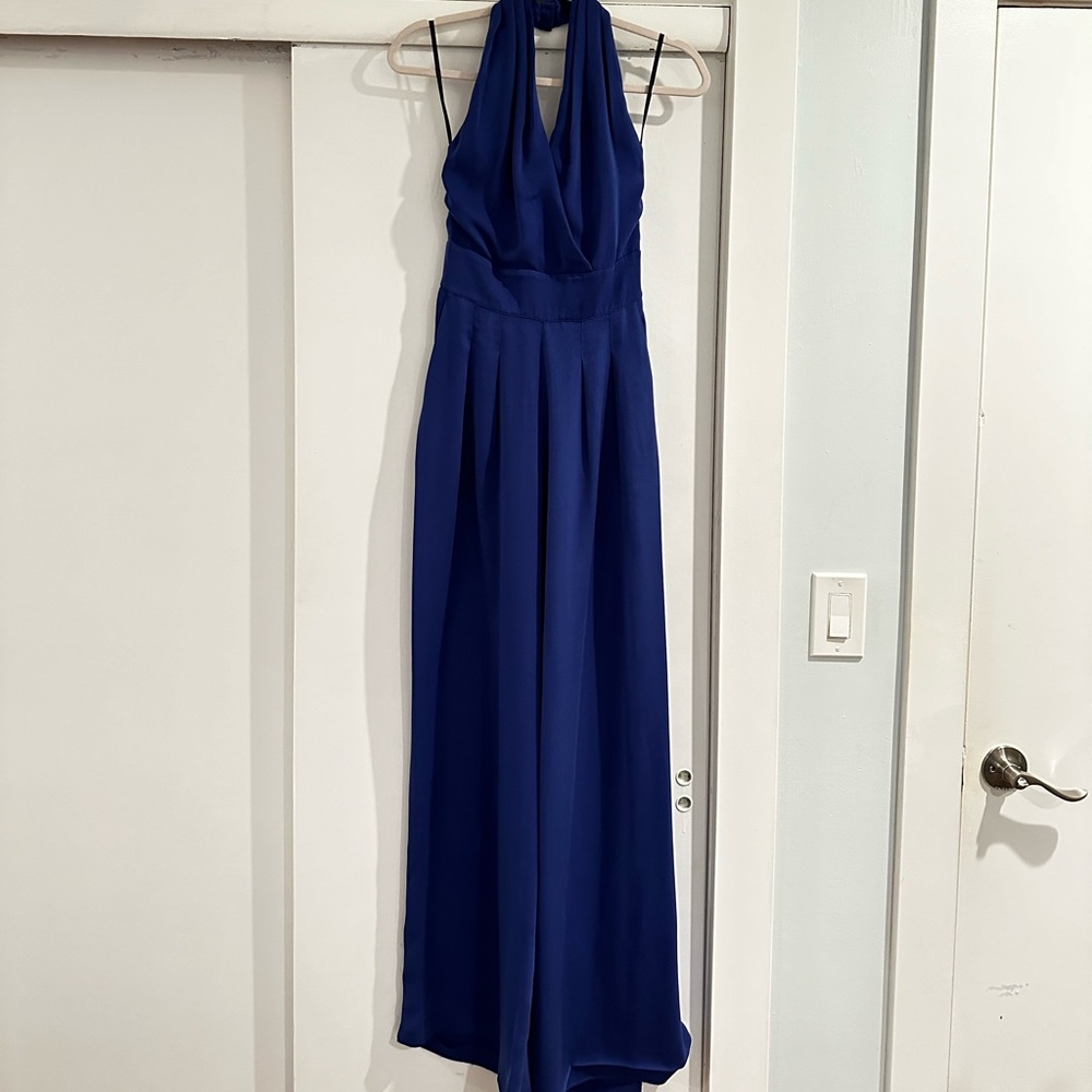 Bebe Blue Backless Wide Leg Jumpsuit